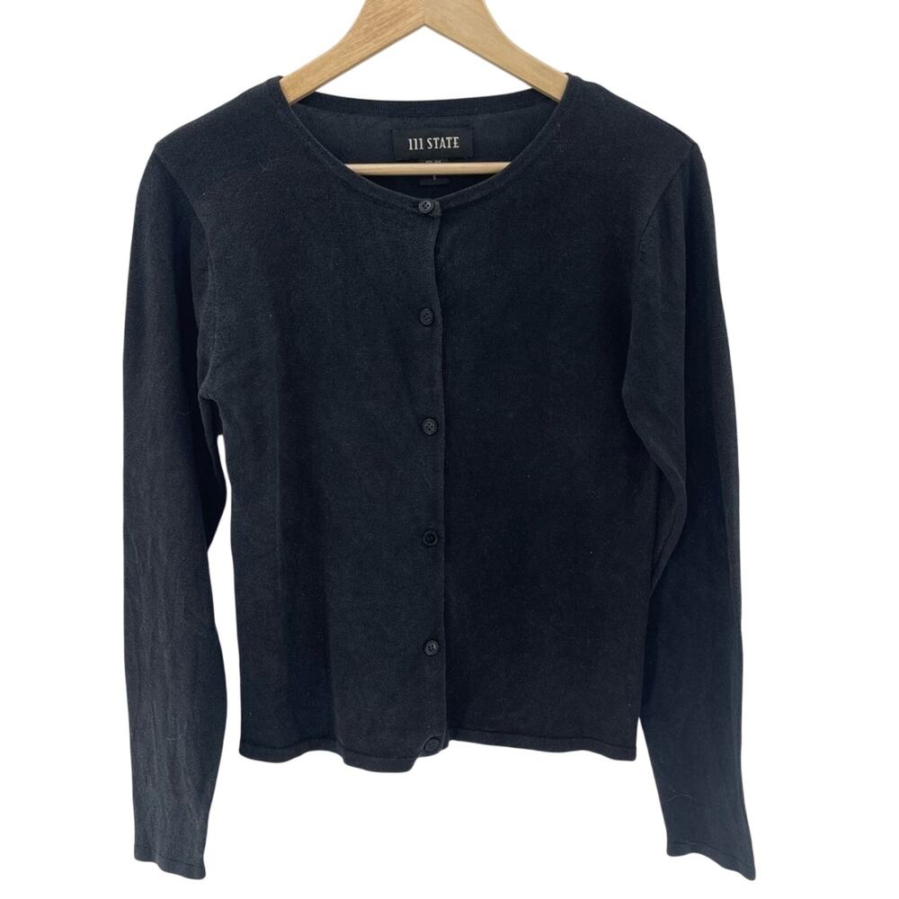 Vintage Silk Button Front Cardigan Black Metallic Sparkle Size Small Preppy Boho